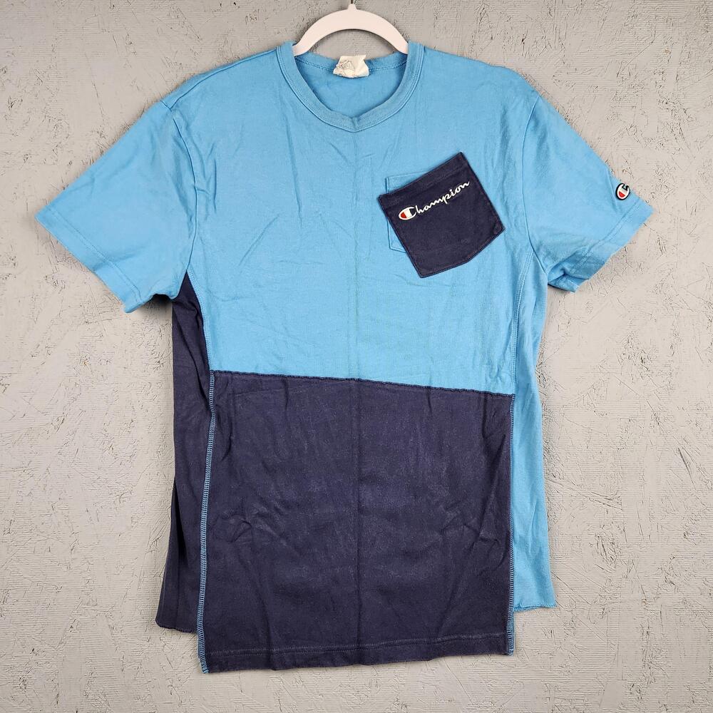 Champion Reverse Weave Shirt Mens Medium Blue Navy Colorblock Pocket Script Tee